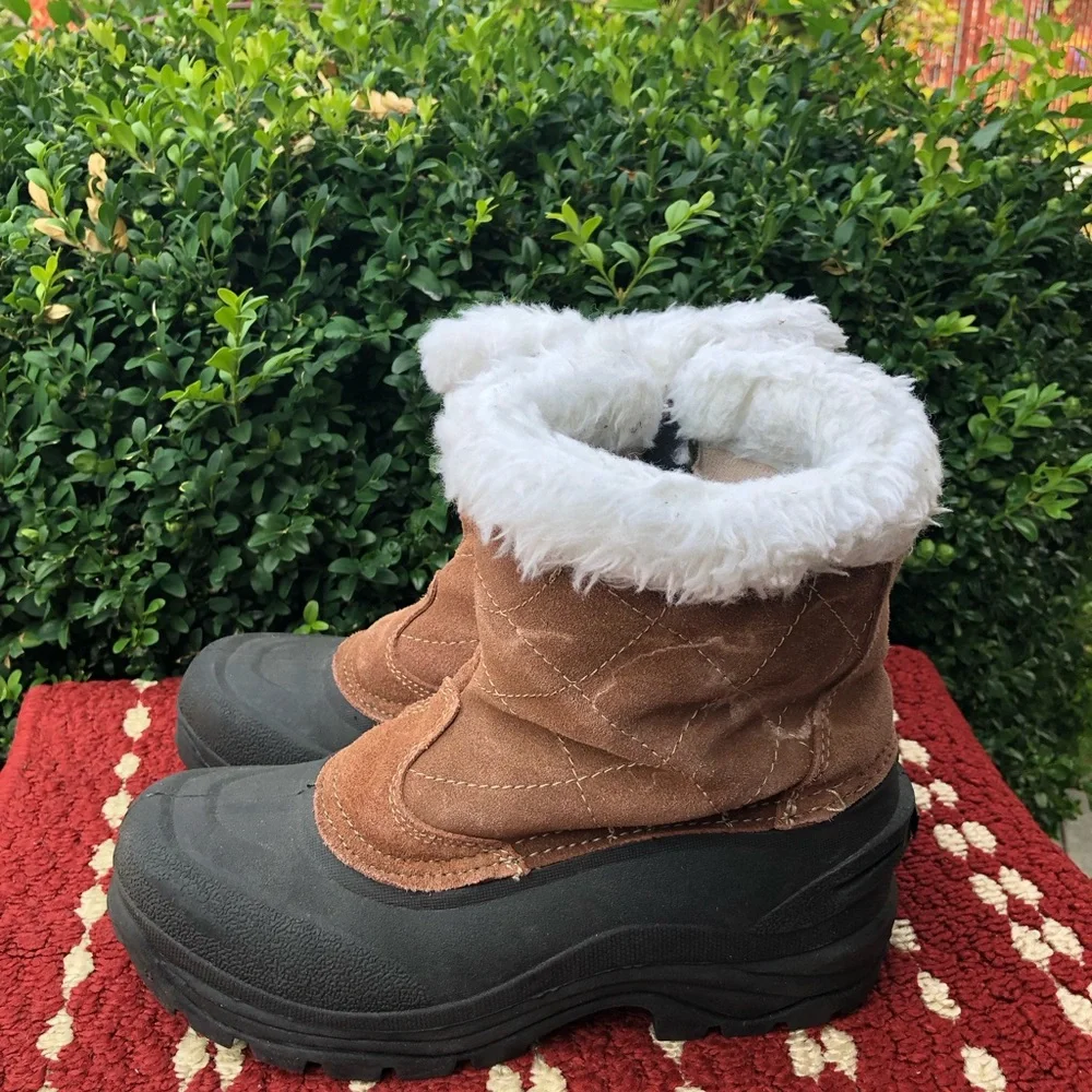 Champion THERMOLITE BROWN LEATHER SUEDE FAUX FUR ACCENT ZIPPER SNOW BOOTS SIZE 8